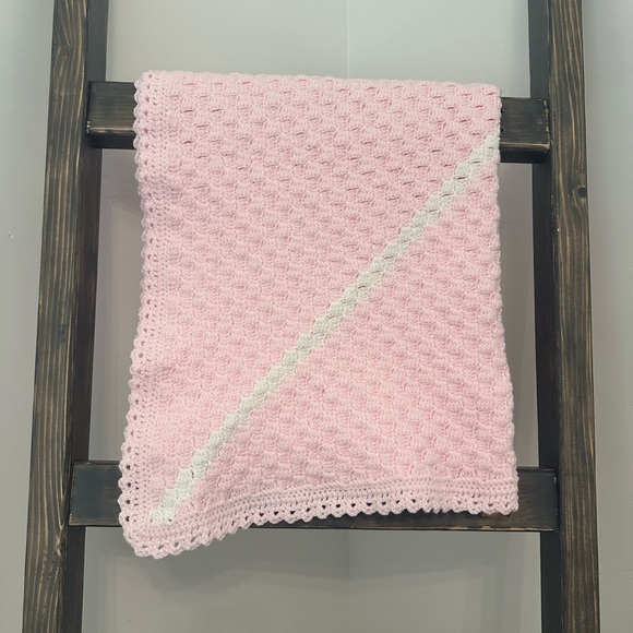 White and Pink Crocheted Handmade Baby Blanket